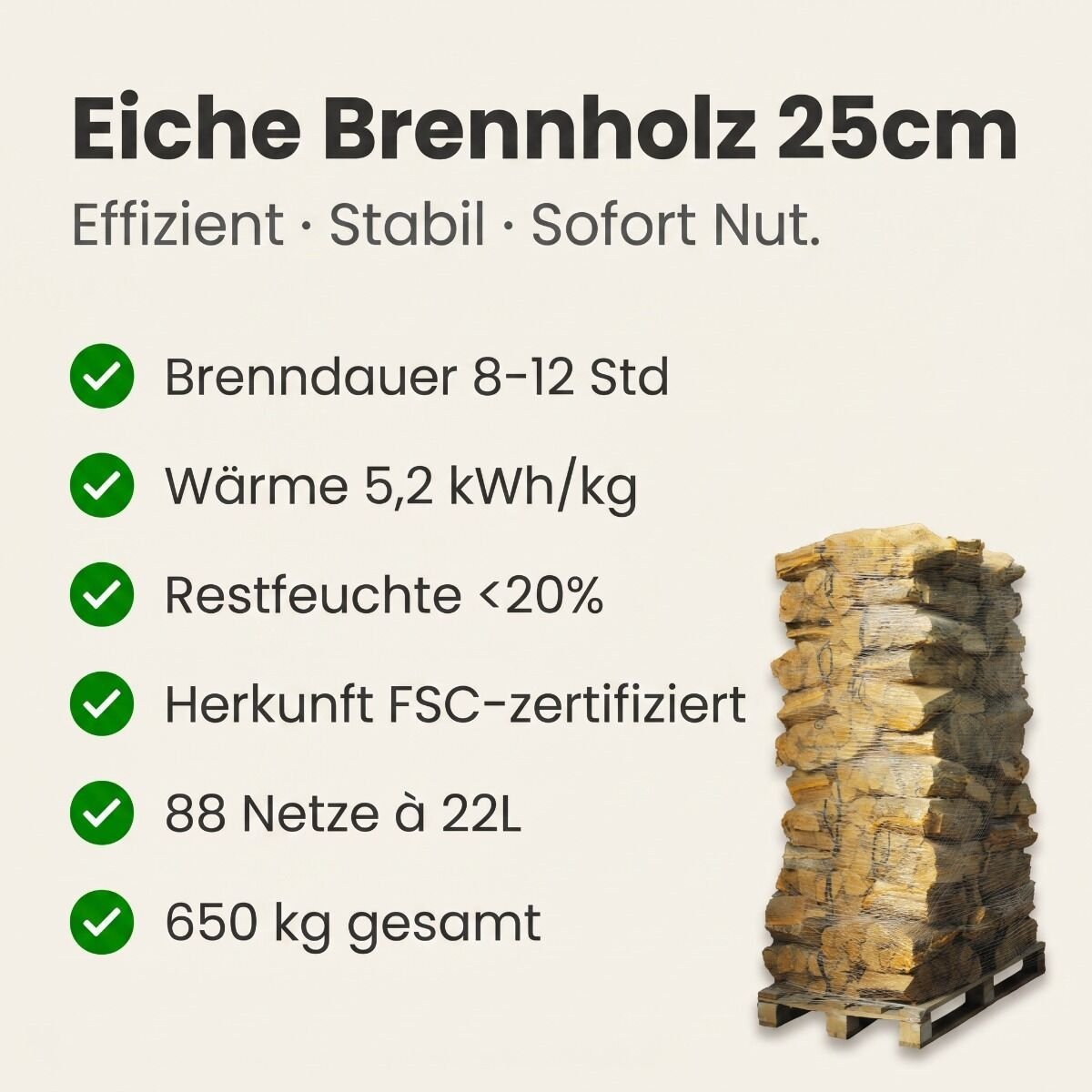 88 Netze Kammergetrocknetes gespalten Eiche Brennholz 25cm – Detail
