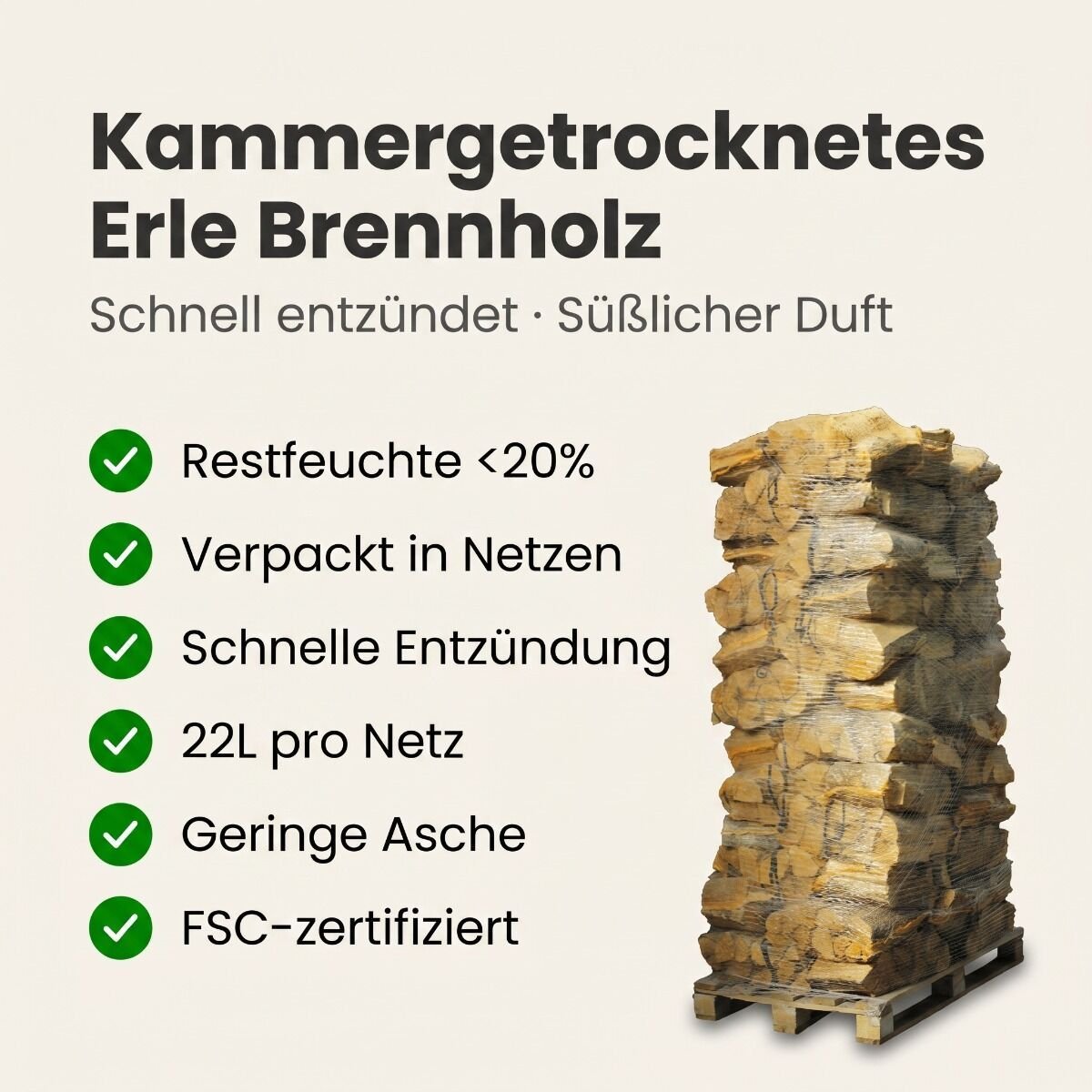 88 Netze kammergetrocknetes gespalten Erle Brennholz 25cm – Detail