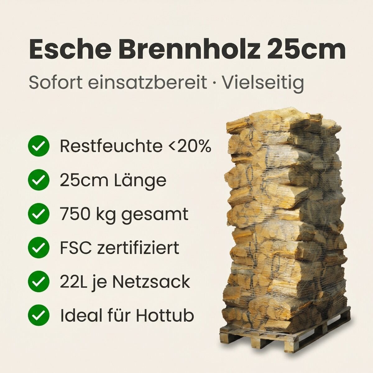 88 Netze kammergetrocknetes gespalten Esche Brennholz 25cm – Detail