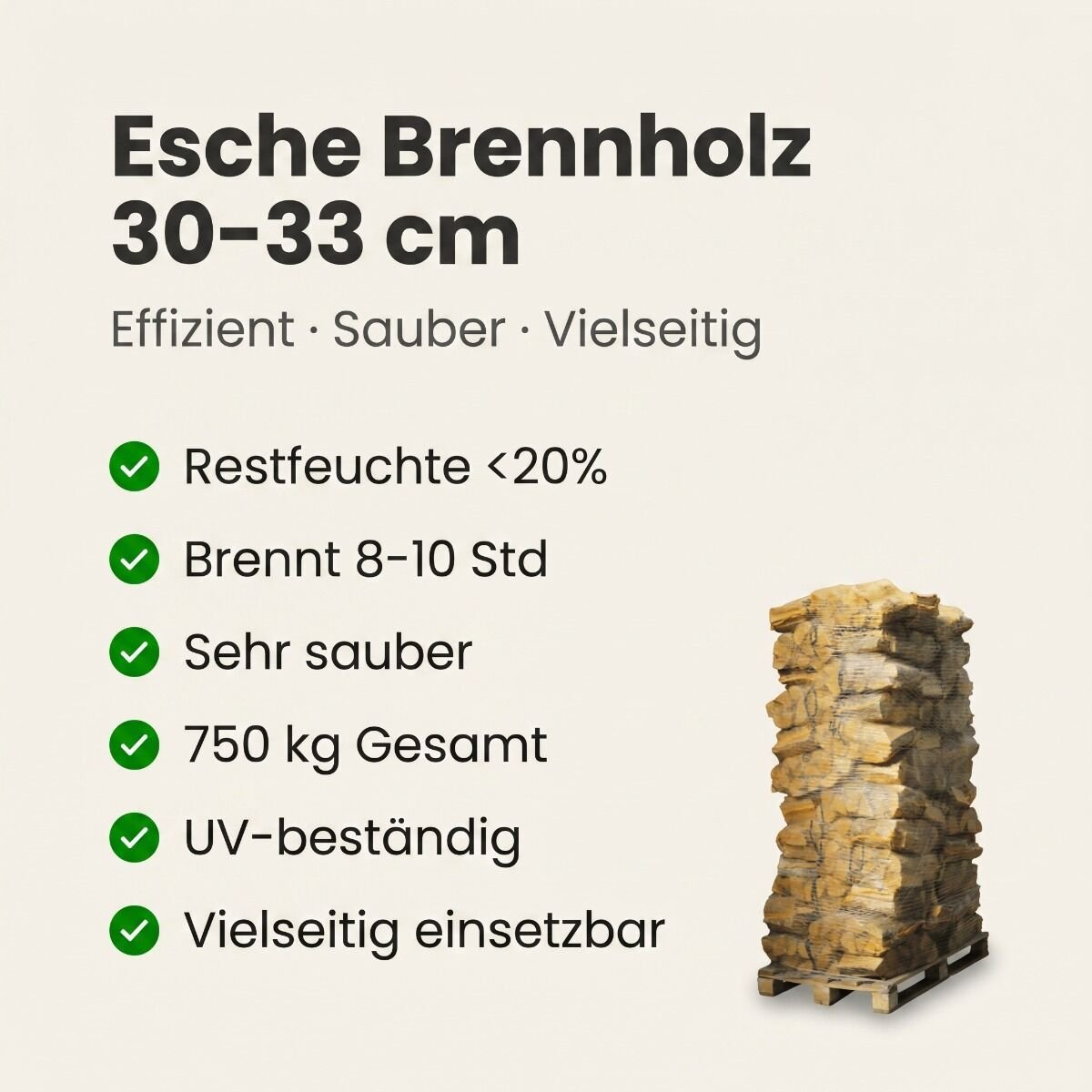 88 Netze Kammergetrocknetes gespalten Esche Brennholz 30-33 cm – Detail