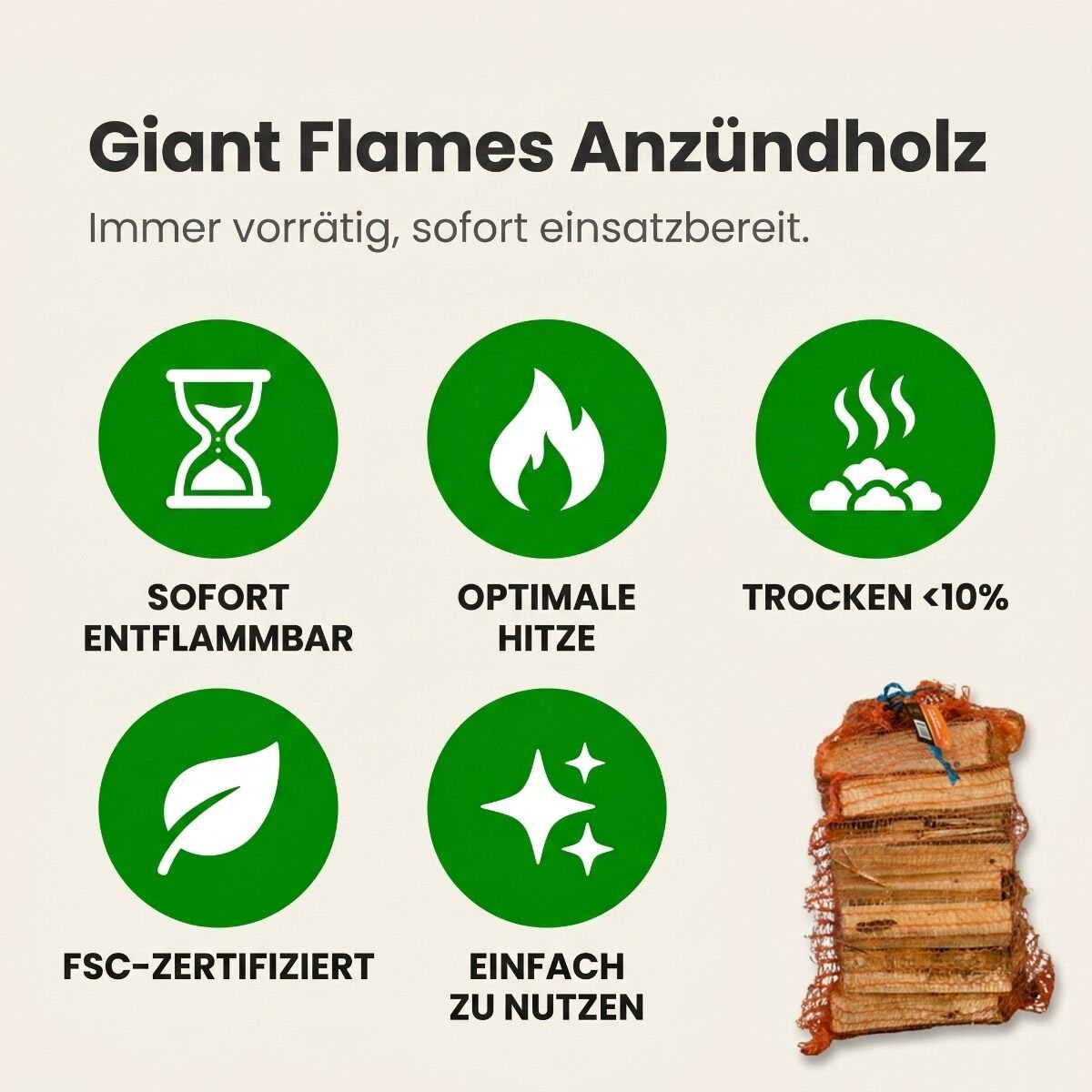 Giant Flames Anzündholz FSC 5 Netzsäcke x 12,5L (62,5L) – Detail