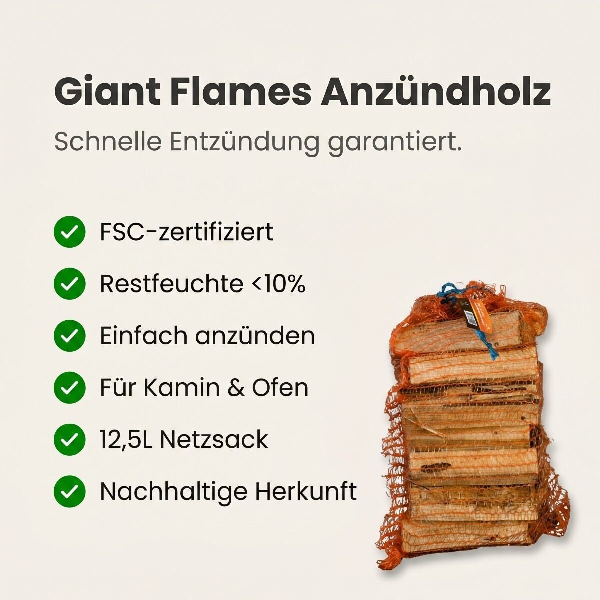 Giant Flames Anzündholz FSC Netzsäcke 12.5L – Detail