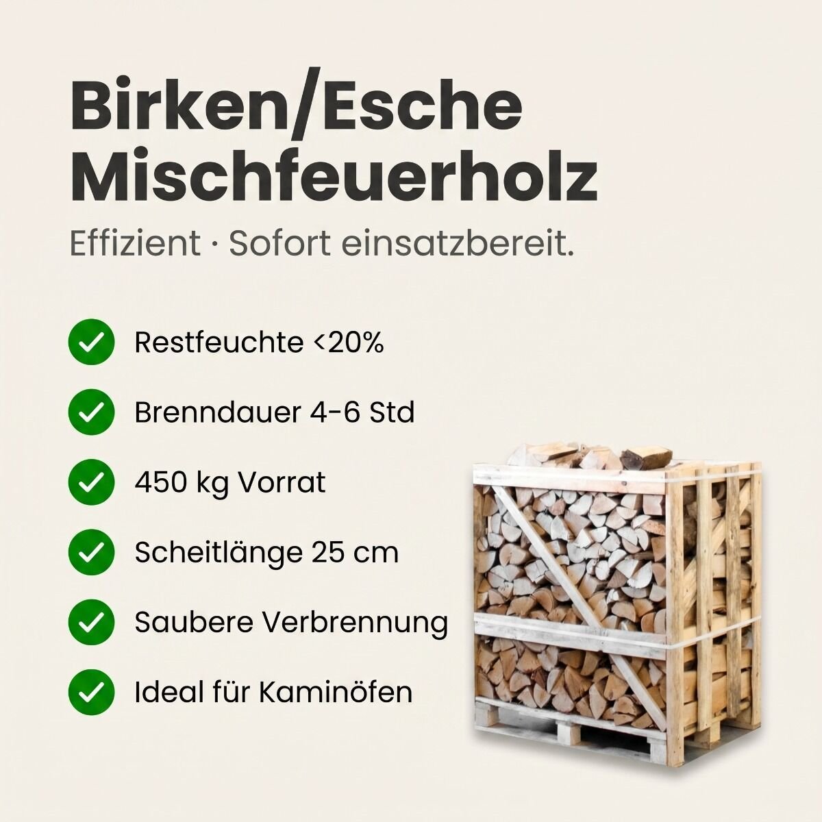 Halbe palette kammergetrocknetes gespalten Birken/Esche Brennholz mischfeuerholz 25cm – Detail