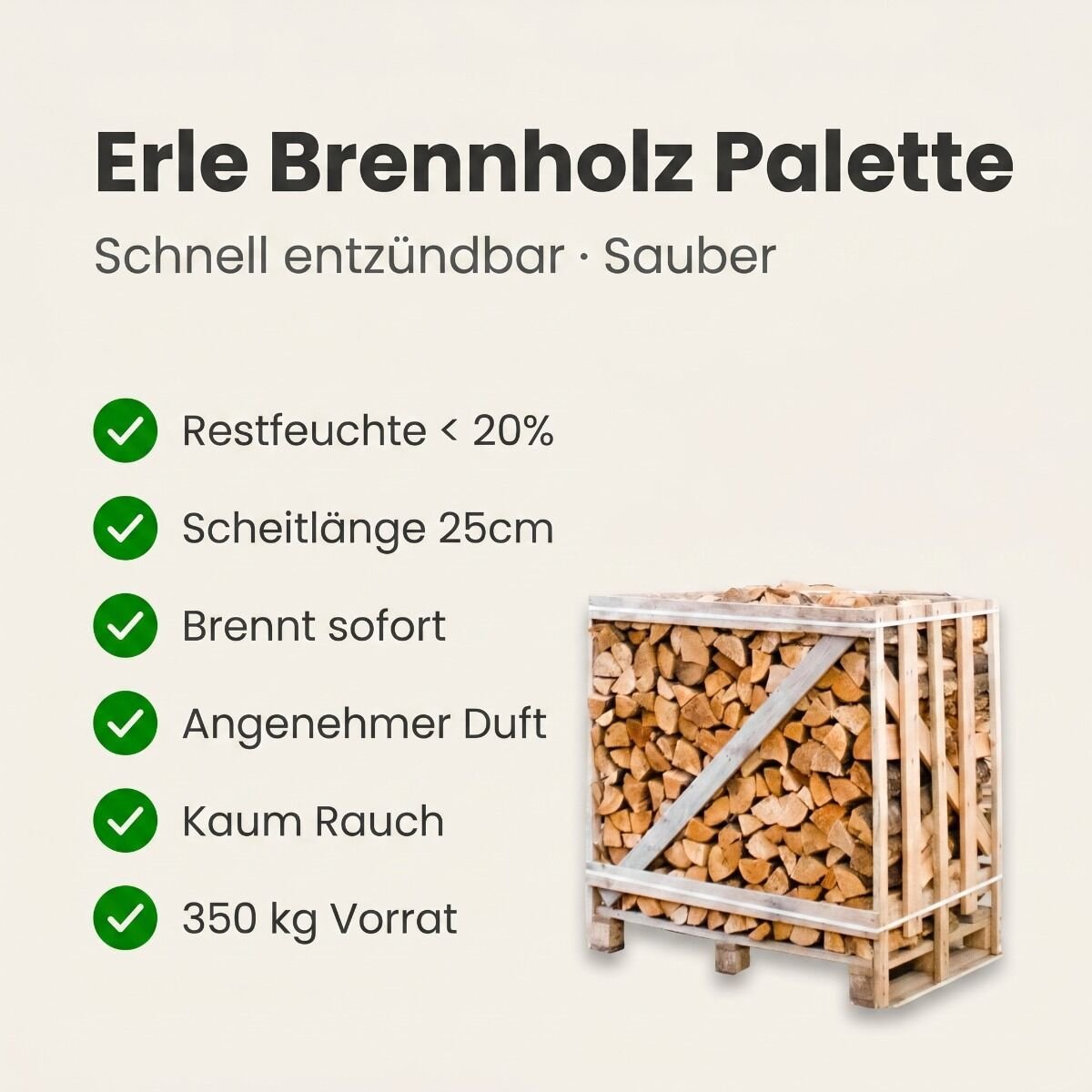 Halbe palette kammergetrocknetes gespalten Erle Brennholz 25cm – Detail