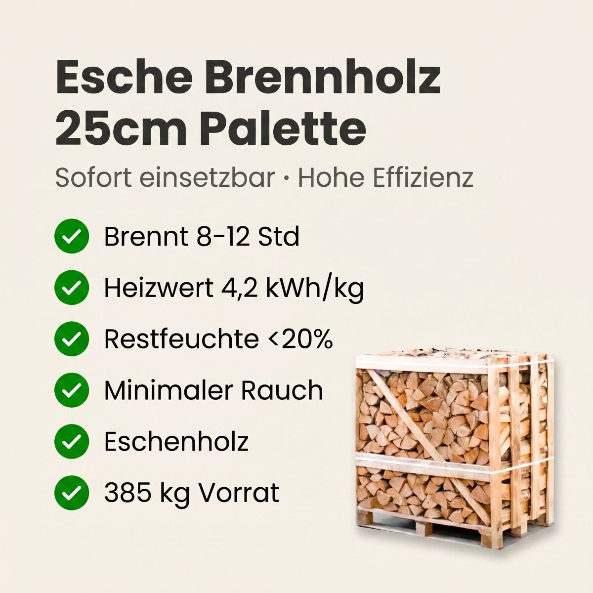 Halbe Palette kammergetrocknetes gespalten Esche Brennholz 25cm – Detail