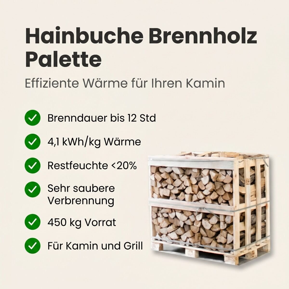 Halbe palette kammergetrocknetes gespalten Hainbuche Brennholz 25cm – Detail