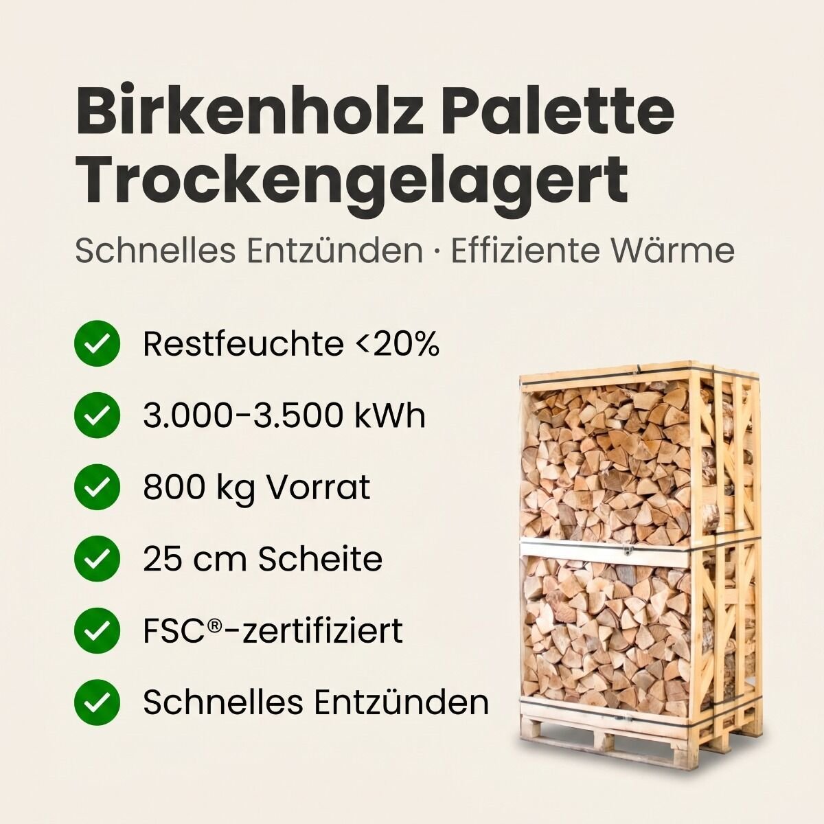 Palette Kammergetrocknetes gespalten Buchen Brennholz 25 cm – Detail