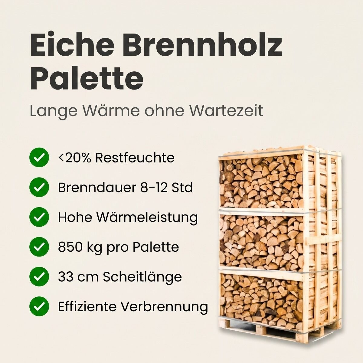 Palette kammergetrocknetes gespalten Eiche Brennholz 33cm – Detail